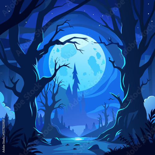 Enchanted forest with a large full moon and a mysterious castle silhouette