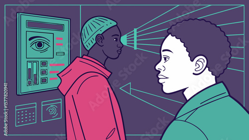 Two people with a biometric scanner using eye and fingerprint recognition for identification system