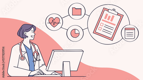 A doctor working on a computer with medical icons representing health data and patient records online