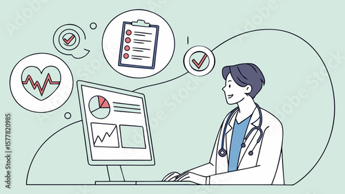 Doctor reviewing medical data on computer with heart rate and checklist icons in a modern setting design