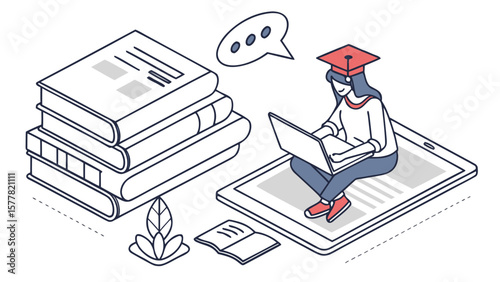 Isometric illustration of a student with laptop sitting on a tablet near stack of books and speech bubble