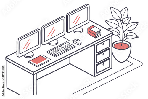 Isometric view of a desk setup with three monitors keyboard mouse and a potted plant illustration