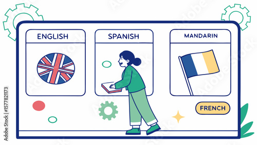Illustration of a woman learning languages like english spanish mandarin and french on a device screen