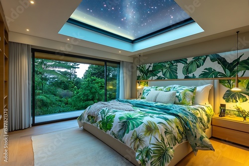 A modern bedroom with tropical-themed bedding, featuring a skylight that opens to a beautiful starry night sky. The natural light, combined with the vibrant greenery and calming ambiance, 