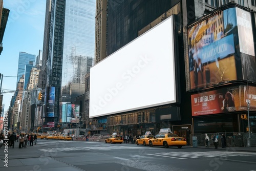 Large white screen billboard placed on building front wall in New York City’s Times Square road, blank outdoor mockup display for realistic advertising or signage presentation