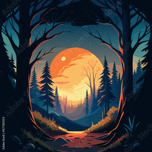 Enchanting forest clearing with a vibrant sunset illuminating the sky