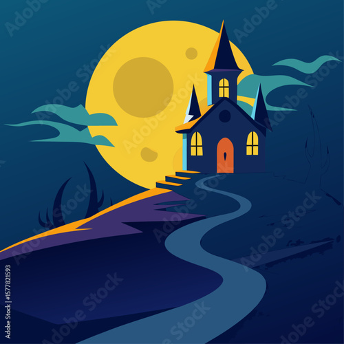 Spooky haunted house on a hill under a giant full moon at night