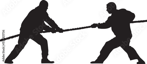 Two Men Tugging on a Rope Tug of War Silhouette Vector Illustration on Transparent Background
