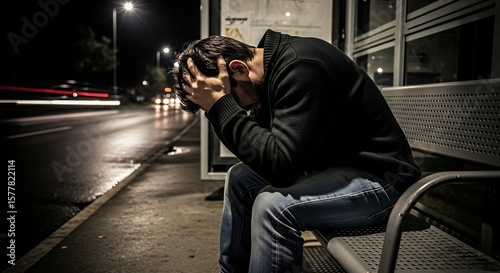 Sad man sitting alone at night, feeling depressed and anxious on city street