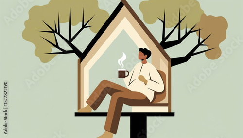 Man Relaxing in a Cozy Treehouse