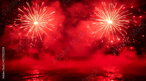 Two brilliant red fireworks burst against a dark smoky background The fiery display reflects on the rippling water below creating a captivating and atmospheric scene