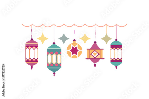 Colorful islamic lanterns and stars hanging on a decorative string
