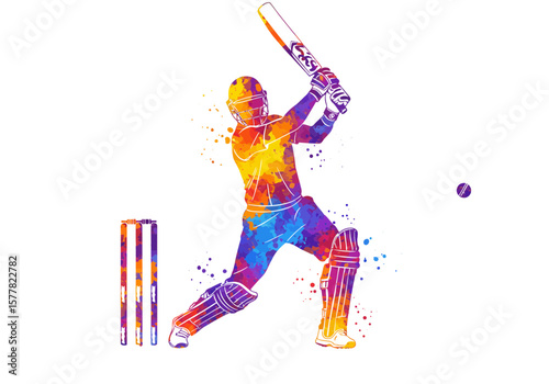 Cricketer in Blue Playing Shot Illustration – Vector of Professional Batsman in Helmet, Pads, Gloves, Holding Bat – Cricket Player Clipart

