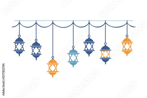Decorative islamic lanterns hanging on a string for ramadan celebration