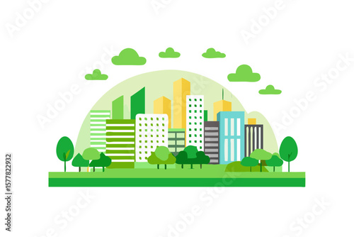 Flat design illustration of a green city skyline with trees and clouds