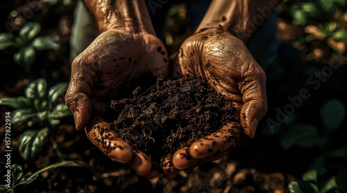 Close-up view of weathered hands cupping a generous amount of dark fertile soil The image conveys a sense of organic farming gardening and the fundamental elements of life