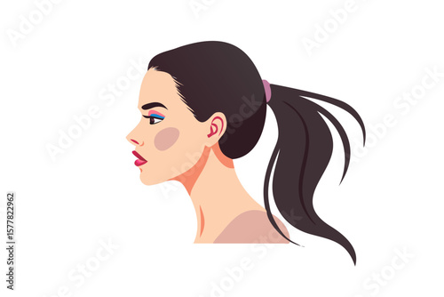 Stylish woman profile with bold makeup and ponytail on black background
