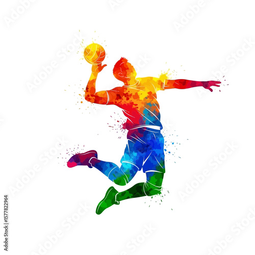 Colorful Handball Player Vector – Watercolor Sportsman Jumping with Ball in Hand – Abstract Athletic Figure Illustration for Sports Design

