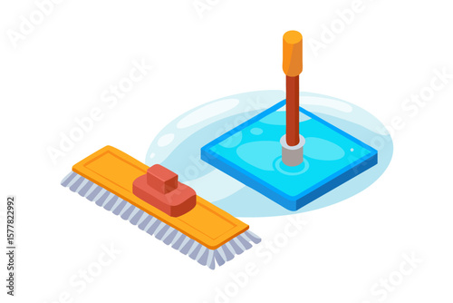 Isometric illustration of a mop and brush with water for cleaning tasks