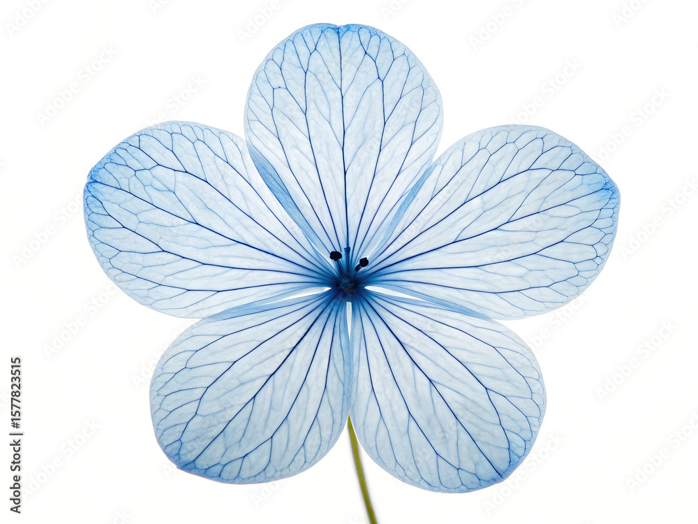 Fototapeta premium A delicate blue flower with visible veins against a bright white background in a close up shot
