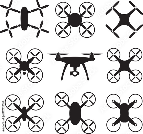 Quadcopter Drone Silhouette Vector Illustration

Top View Drone Icon Design for Technology Projects

Modern Drone Silhouette for Surveillance and Delivery Themes

Black Drone Vector with Camera for Ph