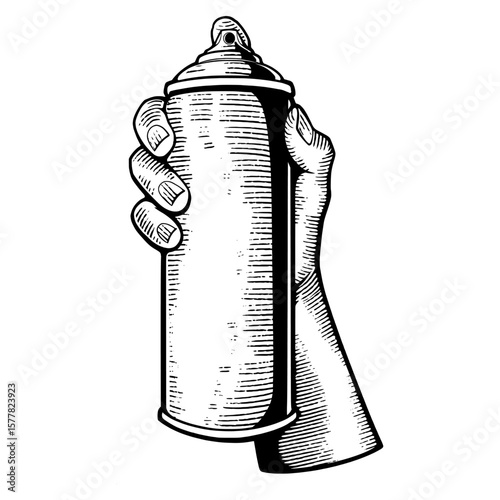 Hand holding spray paint can illustration in sketch style, ideal for graffiti, street art designs, urban culture, or creative mural concept visuals.