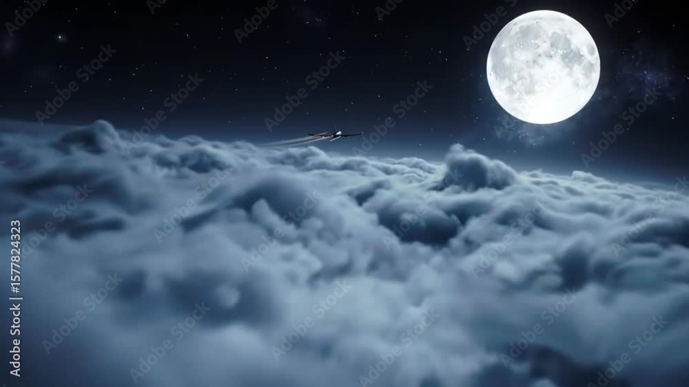Airplane flying over clouds at night with a full moon and stars in the dark sky above it all