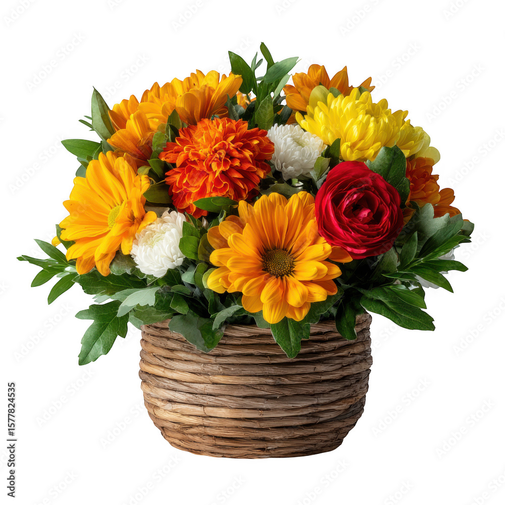 Vibrant autumn flower arrangement in a woven basket Vibrant autumn flower arrangement in a woven basket