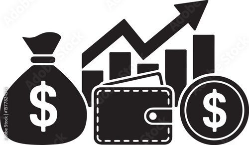 Financial Growth Icon: Money Bag, Wallet, and Graph Showing Success