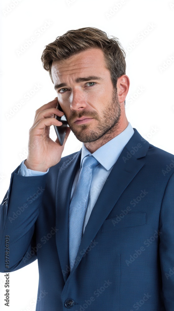 A business professional male on a phone call, looking serious, isolated on a white background. Communication, negotiation. A business professional male on a phone call, looking serious, isolated on a white background. Communication, negotiation.