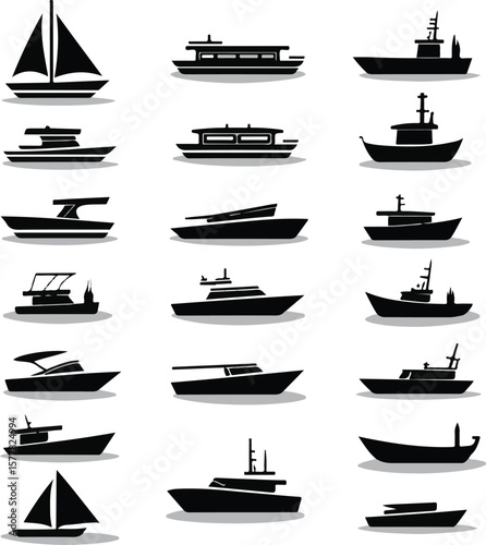 Vector art of collection of various boat and ship silhouettes