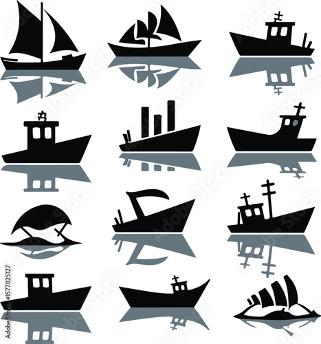 Vector art of diverse collection of boat and ship silhouettes with reflections