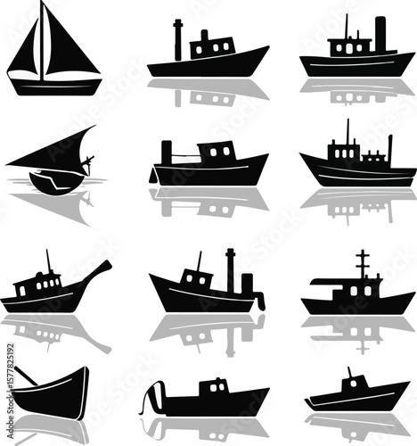 Vector art of assortment of boat and ship icons with reflections
