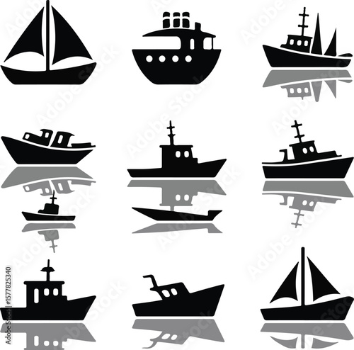 Vector art of group of boat and ship silhouettes with reflections