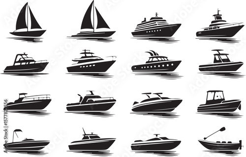 Vector art of diverse collection of boat and ship silhouettes