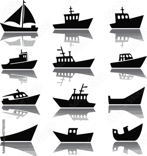 Vector art of collection of various boat and ship silhouettes