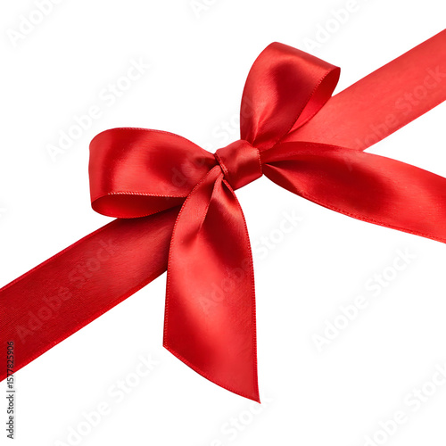 Elegant red satin ribbon bow tied on a diagonal isolated on transparent background
