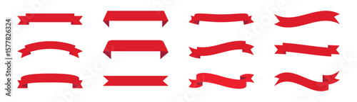 Set of 12 red ribbon banners with various shapes and styles. Perfect for use in banners, advertisements, certificates, and promotional designs. Simple, elegant, and versatile vector ribbons.