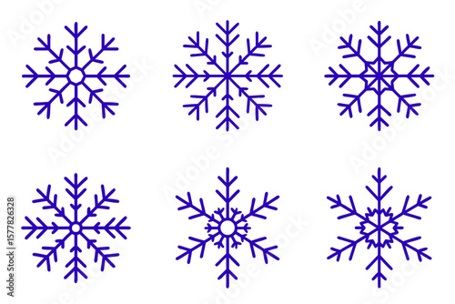 vector set of snowflakes in minimalist style in blue, winter and festive mood on a transparent background