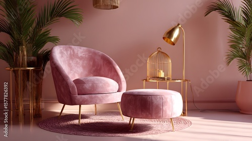 Pink velvet armchair and ottoman with gold accents in a modern living room
