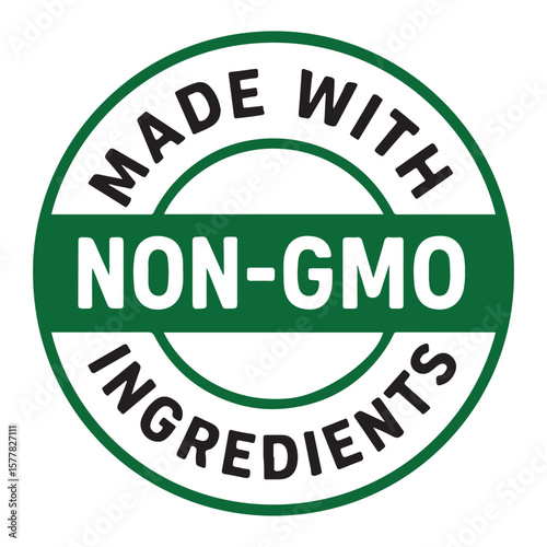 Made with Non-GMO Ingredients circular badge. Green vector icon for natural food packaging and labeling.