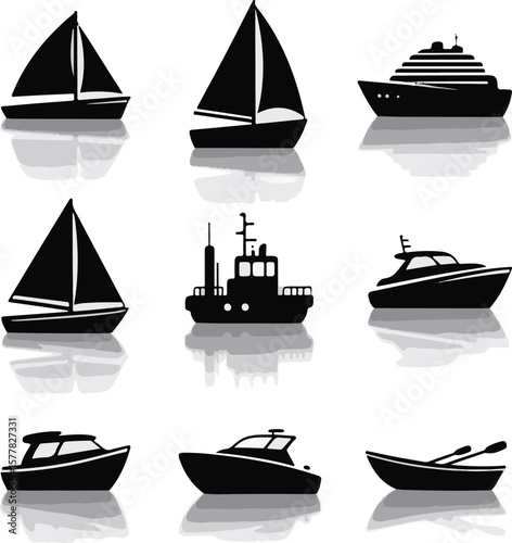 Vector art of various boats and ships sailing on the water