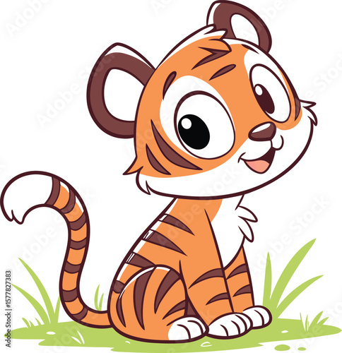 Cute cartoon baby tiger vector illustration with happy face and striped body for kids jungle animal design and artwork