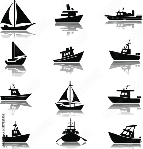 Vector art of collection of different types of boats and ships