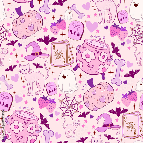 Halloween doodle seamless pattern, Halloween vector seamless pattern, cute Halloween cartoon monster, spooky ghost, Halloween skull and pumpkin, crescent moon Halloween, cute ghost pattern, Halloween 