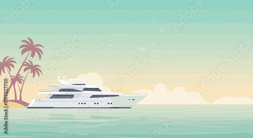 Luxury yacht near tropical island with palm trees, flat vector in pastel tones