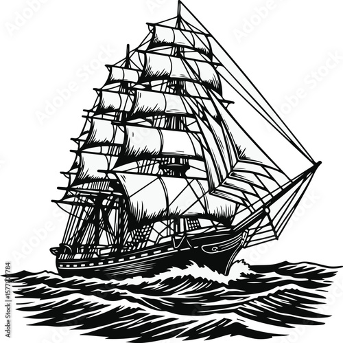Vector art of a majestic tall ship sailing through the waves