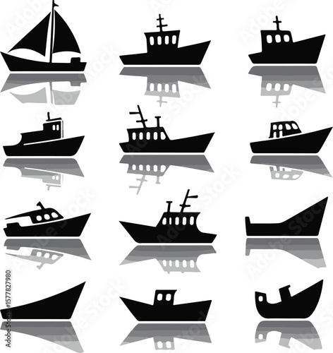 Vector art of collection of various boat and ship silhouettes