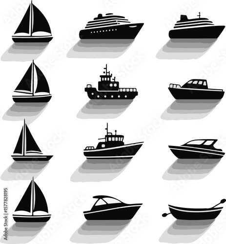 Vector art of a collection of various boats and ships on the water