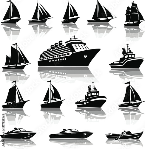 Vector art of a collection of various boats and ships on the water
